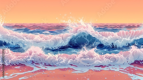 Illustration waves crashing onto a beach in a rhythmic pattern.