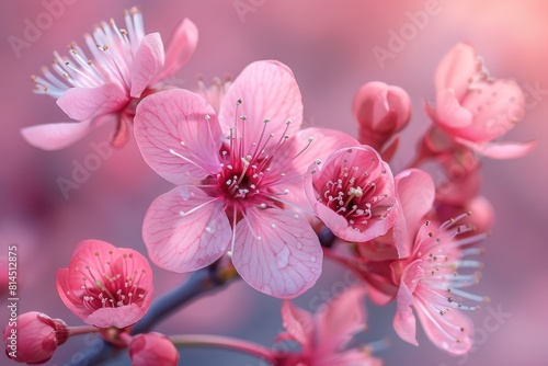 Japanese Cherry Blossom Tree  Close-up of delicate pink blossoms against a blurred background. 