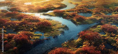 A landscape showcases a river meandering through it, viewed from above. © Duka Mer