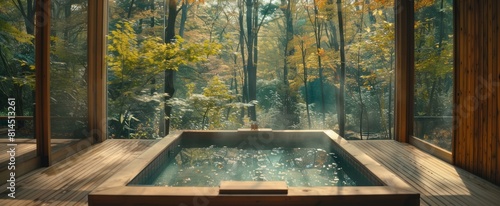 An outdoor hot spring, surrounded by trees, embodies ethereal minimalism with wooden elements. photo