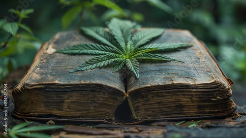 A study scene with a mature cannabis plant resting on an open book, representing knowledge and natural healin