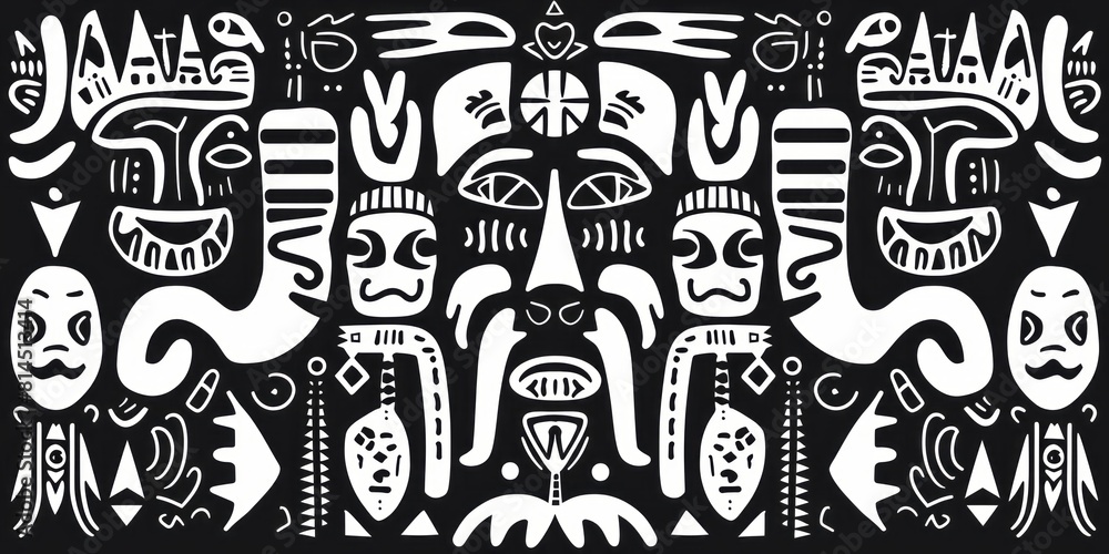 A white doodle texture background features masks and totems, with a black background and playful geometric shapes. A white doodle texture background features masks and totems, with a black background and playful geometric shapes.