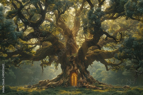 Enchanted Giant Tree  Golden Green Forest Doorway