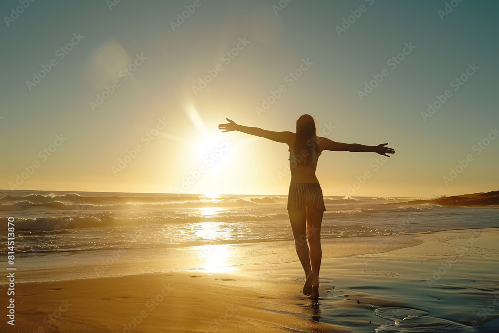 Silhouetted woman with arms spread wide embracing the golden sunset on a sandy beach Silhouetted woman with arms spread wide embracing the golden sunset on a sandy beach