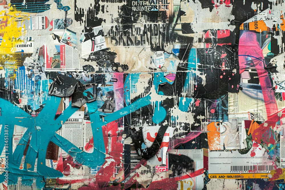 Fototapeta premium Abstract backdrop with collage of newspaper or magazine clippings, colorful grunge background with graffiti 