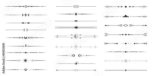 Set tribal ethnic arrow dividers, native indian bow boho in doodle style isolated on white background. Collection borders, decoration elements