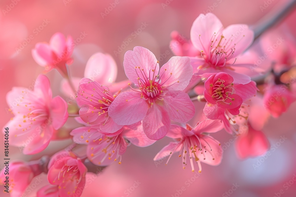 Fototapeta premium Japanese Cherry Blossom Tree: Close-up of delicate pink blossoms against a blurred background. 