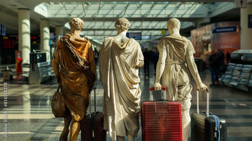 Naklejka premium Antique Greek and Roman statues travel with suitcases. Sculptures of travelers at the airport.