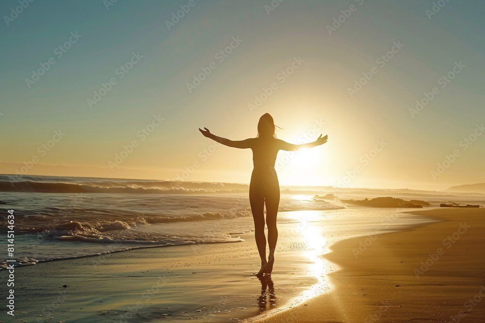 Woman with arms raised at beach during sunrise