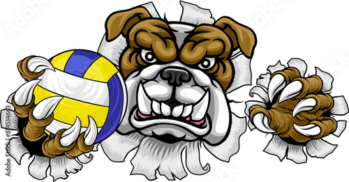 A bulldog dog volleyball animal sports mascot holding a volley ball in his claw