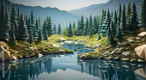 Realistic paper-cut style illustration of shrinking freshwater bodies, 3D minimalist representation, blurred landscape, photo