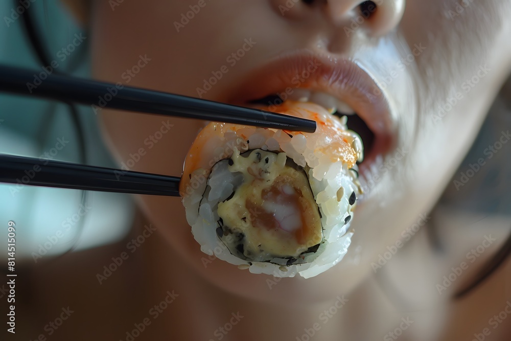 Closeup portrait of sexy asian woman with sushi eating sushi and rolls on a pale blue background. Closeup portrait of sexy asian woman with sushi eating sushi and rolls on a pale blue background.