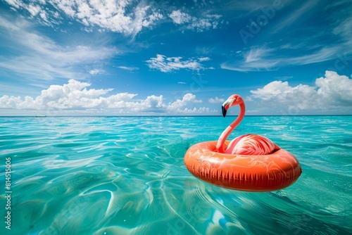 Inflatable flamingo floating in the pool, blue sky and sea background with islands on horizon, clear water. summer vacation at resort hotel or house near ocean beach, sunlight, sunbathing