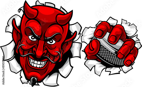 A devil or satan ice hockey sports mascot cartoon character holding a puck
