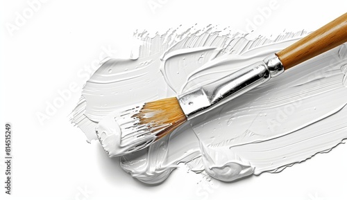 paint brush in white paint isolated on a white background photo