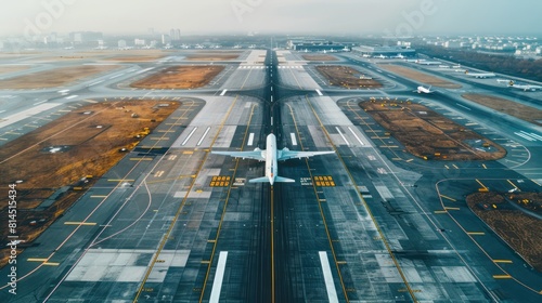 A panoramic aerial view of a bustling airport runway, with planes taxiing and taking off, showcasing the dynamic energy of air travel.