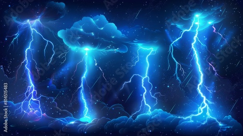 A powerful anime-style scene of multiple blue lightning bolts striking down from storm clouds against a starry night sky.
