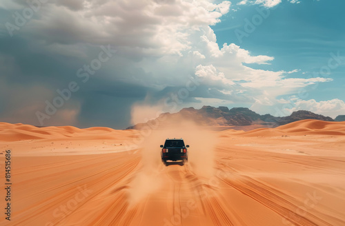 Truck Driving Through Desert on Cloudy Day