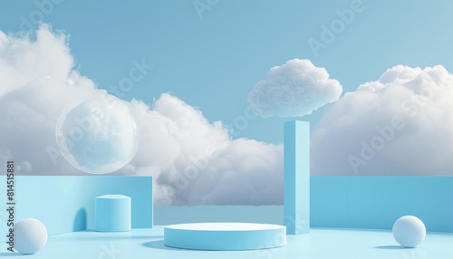A light and airy podium with a blue cloud backdrop, creating a minimal and pastel scene perfect for serene product displays in a dreamy, abstract studio setting