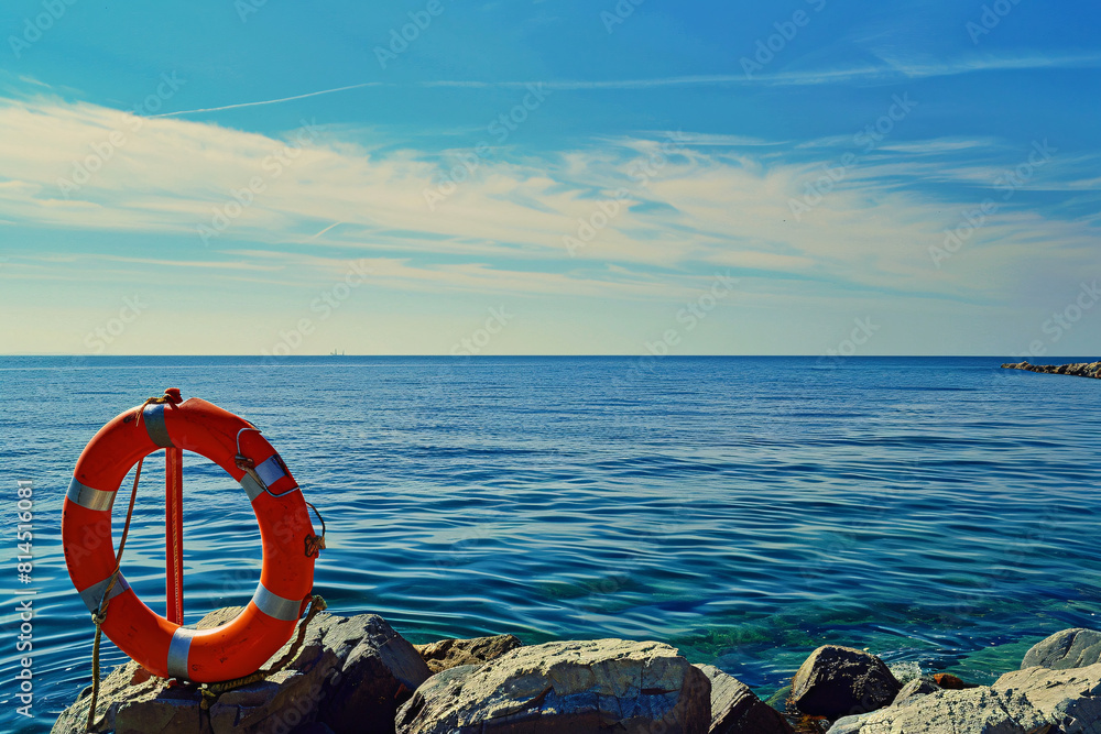 Orange lifebuoy on rocky pier against a backdrop of calm blue sea and clear sky