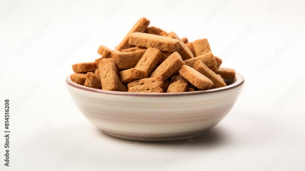 Fototapeta premium Detailing Nutritious Pet Meals: Close-up Shot of Dry Dog Food in a Bowl, Set against a Bright White Background, Captured with Real Photography