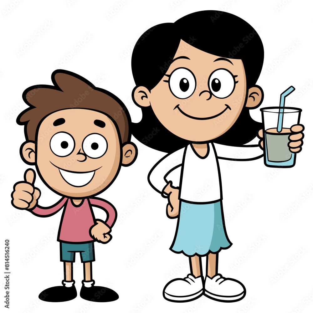 Cute girl holding a glass of milk and giving the thumbs up to a boy drinking milk
