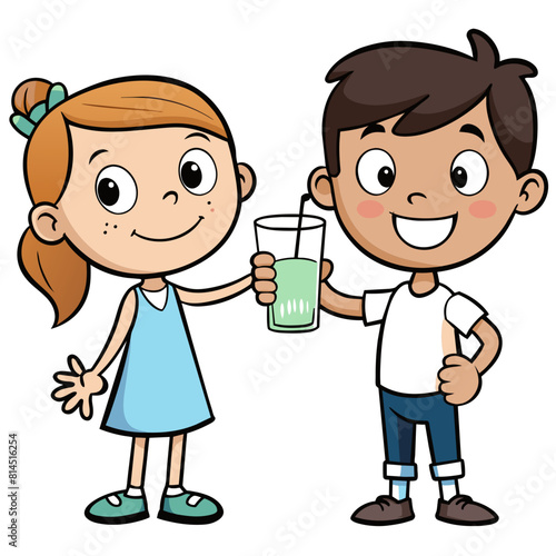 Cute girl holding a glass of milk and giving the thumbs up to a boy drinking milk 