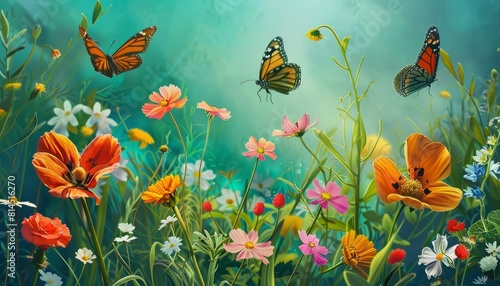 A vibrant garden scene with butterflies among spring flowers  set in a teal and white color palette for a fresh and lively background