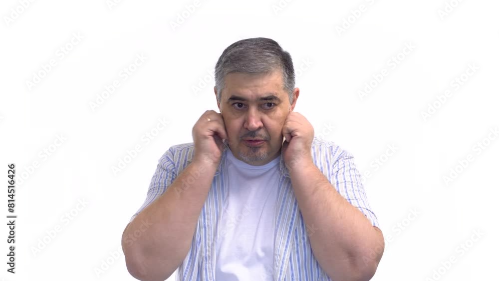 Nervous behavior. Middle-aged man nervously fidgeting, touching his chin and twitching. Isolated on white background.
Nervous behavior. Middle-aged man nervously fidgeting, touching his chin and twitching. Isolated on white background.
