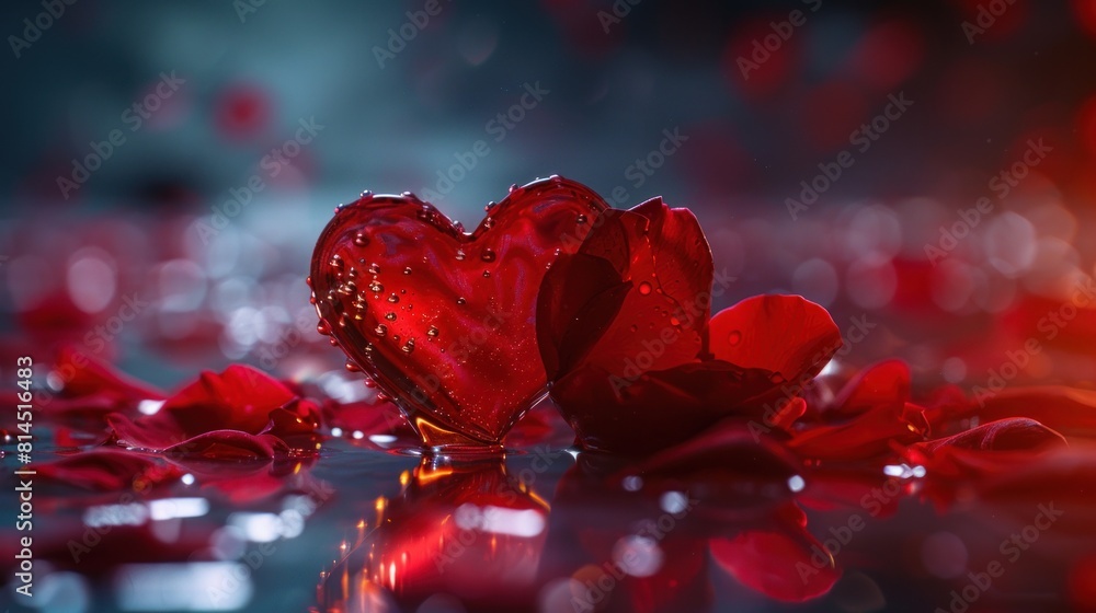 A romantic background with a red love icon standing with a scattering of red rose petals in a beautiful, shaded lighting space A romantic background with a red love icon standing with a scattering of red rose petals in a beautiful, shaded lighting space