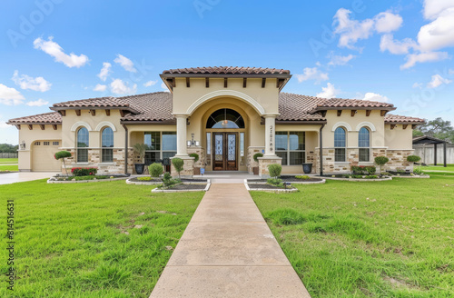 beautiful home located in san anot flags, texas is for sale with a flat front yard and low speed street on the left side of house, arched doorways, stone accents, tan stucco walls, green grass
