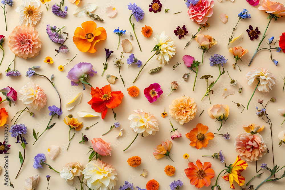 Colorful flowers scattered on beige background.