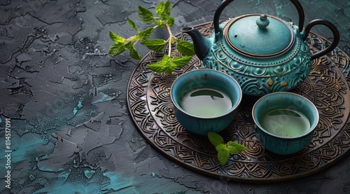 Tea Pot and Two Cups on Plate