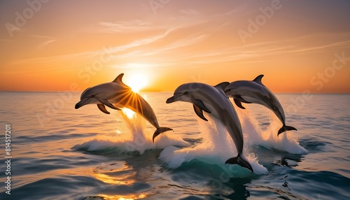 A group of dolphins playfully jumping out of the w upscaled_4