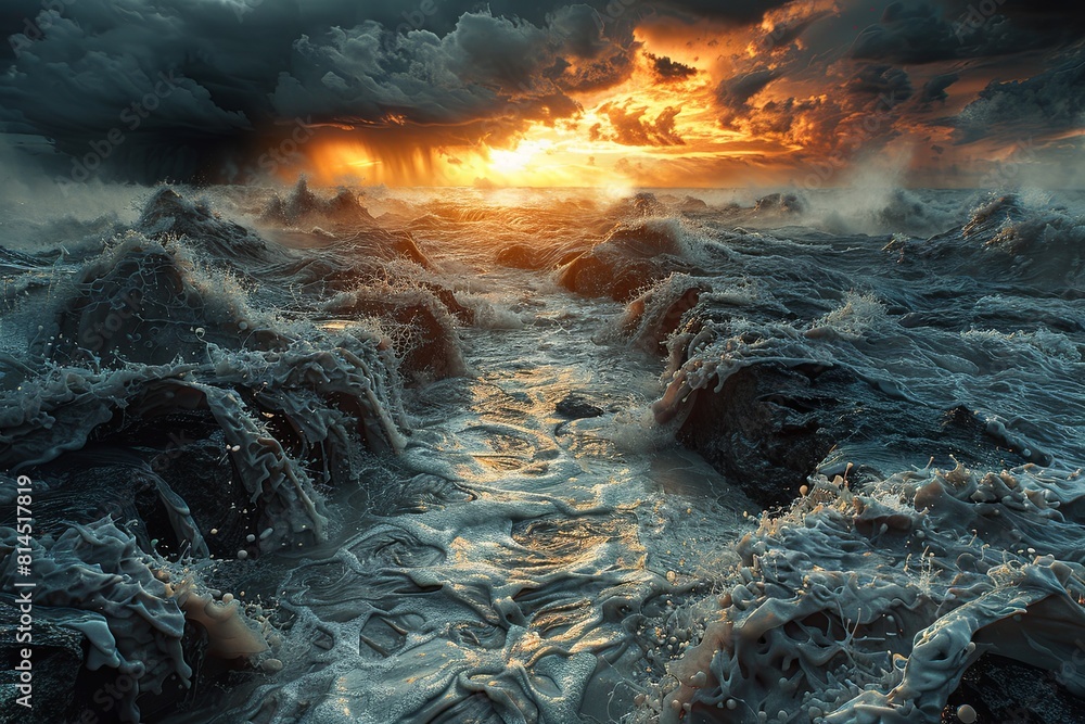 Fototapeta premium Muddy River Sunset: Hyperrealistic Stormy Ocean Encounter