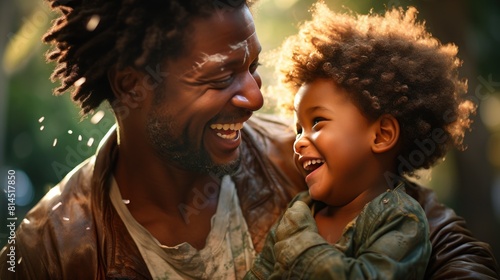 African American father and child, radiating love and happiness. Happy father's day. Warm wishes.