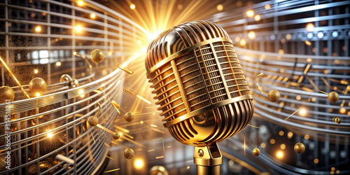 microphone on stage  3D illustration of a retro microphone with music notes and lights in the background, creating a musical atmosphere.