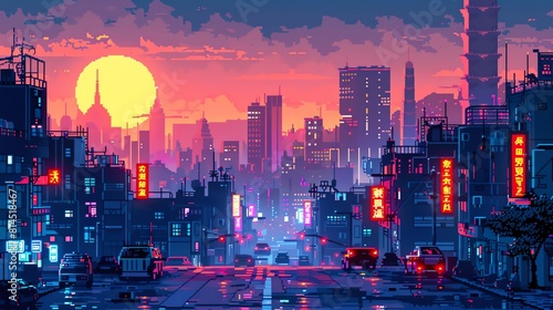 captivating pixel art rendition of a futuristic cityscape, combining sleek architecture with vibrant neon lights Incorporate intricate details and a sense of depth to enhance the immersive e