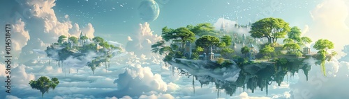 futuristic digital rendering of a utopian floating city in the clouds, showcasing advanced healthcare facilities and lush gardens