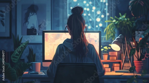 Traditional Art Medium, Depict a person using online assessment tools in a cozy home office setup, seen from behind Add warm lighting and details like a cup of coffee and sticky notes to  rela