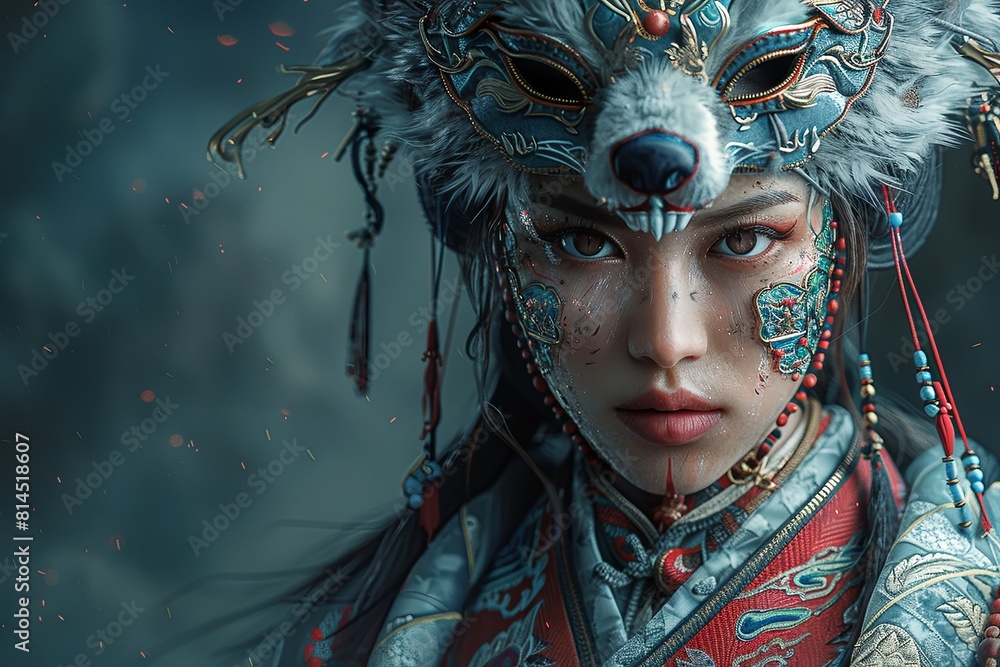 Photorealistic Fantasy Art: Wolf Kitsune Woman in Intricate Mask and Kimono with Dramatic Lighting Photorealistic Fantasy Art: Wolf Kitsune Woman in Intricate Mask and Kimono with Dramatic Lighting