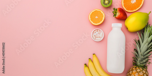 Vitamin Bottle mock up with assorted fresh fruits on pink background. Flat lay composition with copy space. Health and wellness concept.