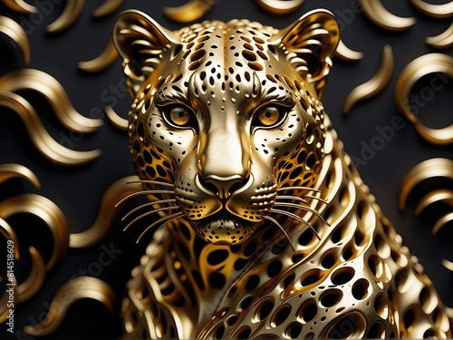 3D print design for interior  wall  wallpaper  canvas. 3d gold leopard on black beautiful texture background. Beautiful 3D print design for interior  wall  wallpaper  canvas. 3d gold leopard on black