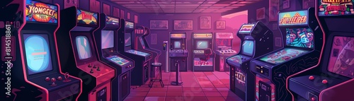 An 80s retro arcade with neon lights and vintage arcade cabinets.
