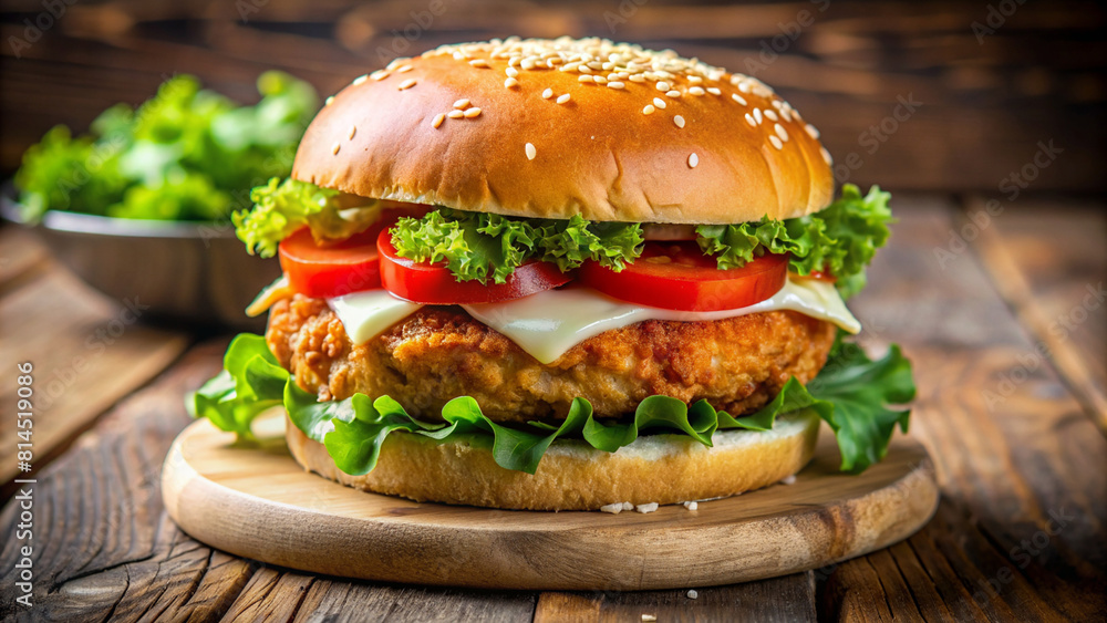 realistic juicy chicken burger on wooden table realistic juicy chicken burger on wooden table