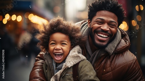 African American father and child, radiating love and happiness. Happy father's day. Warm wishes. photo