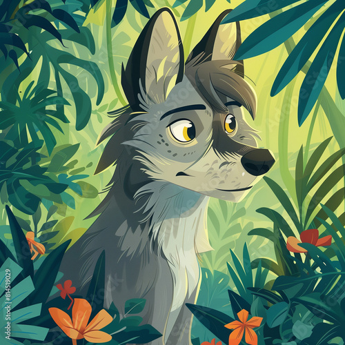 Cute illustration of Akela the wolf in the jungle photo