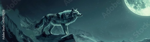 Closeup of a cybernetic wolf howling atop a mountain  its metallic fur shimmering under the moonlight  set against a stark  futuristic landscape with a 90s look