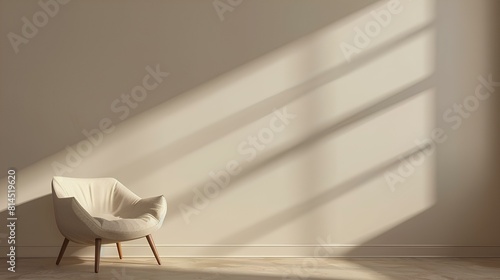 A sleek and stylish modern minimalist interior showcasing an armchair against a minimalist cream-colored wall background, embodying simplicity and refinement in a 3D rendering. photo