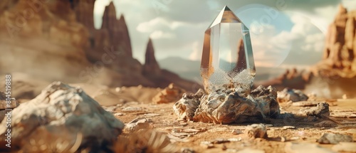 Closeup of creative fantastic of future item, a crystalline time capsule hovering over an ancient landscape, with a blurry background, styled in vintage styles